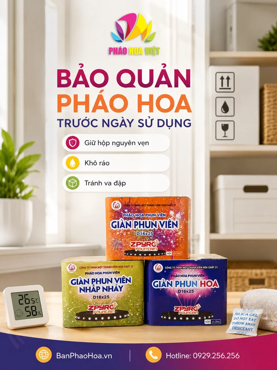 hộp pháo hoa Z121 được bảo quản nơi khô ráo trước ngày sử dụng