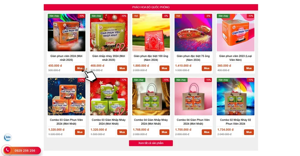 Giao diện chọn mua sản phẩm pháo hoa trên website