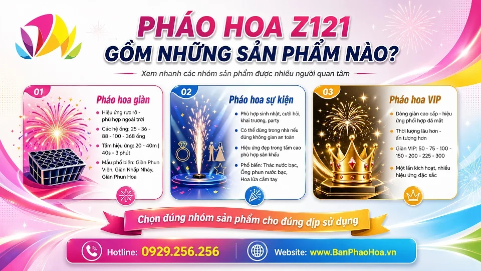 Pháo hoa không tiếng nổ Z121 gồm những sản phẩm nào?