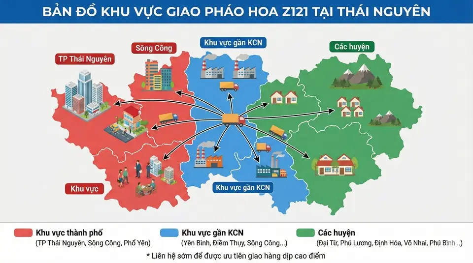 Bản đồ Thái Nguyên và các khu vực thường giao pháo hoa